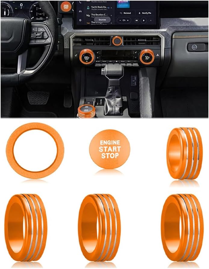 HDUFC For Toyota Tacoma 2024 2025/4Runner/4Runner Hybrid 2025 One Touch Start, Screen Center Console Button Knob Cover Ring Air Conditioner AC Switch Audio Aluminum Alloy Parts 6pcs (14-inch screen, orange) - Image 1